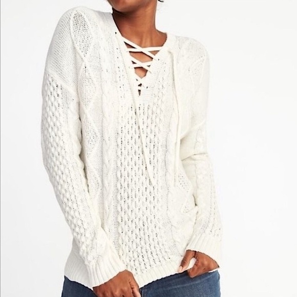 OLD NAVY • Women’s Ivory Cable Knit Lace Up Sweater - Picture 2 of 10